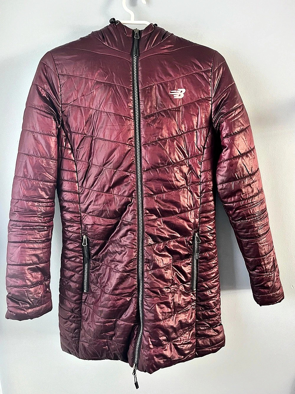 New Balance Wine Quilted Hooded Fleece Lined Puffer Coat Pockets Size S